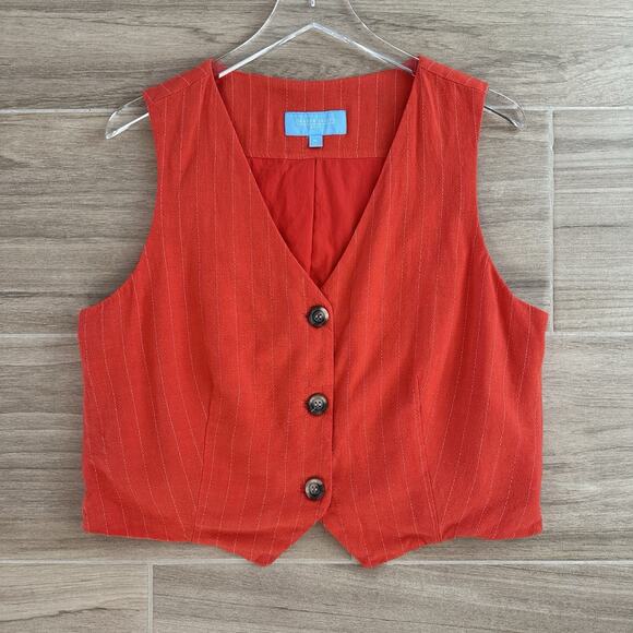 Draper James Linen Vest Red Stripe V-neck Button Front Linen Blend Size XL - Picture 2 of 6